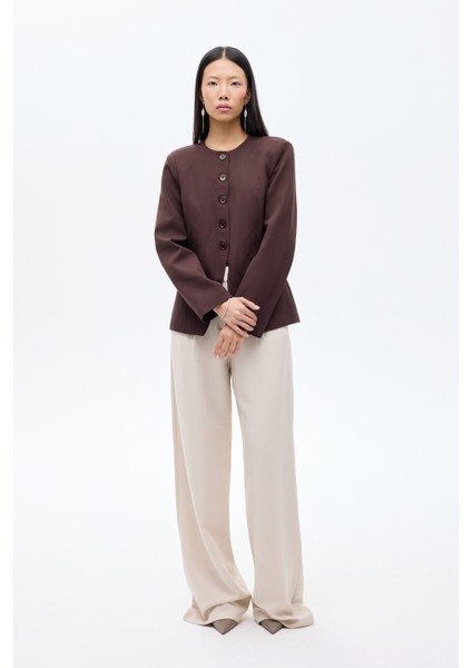 Yuvarlak Yaka Düğmeli Blazer Ceket Koyu Kahve indirimleri