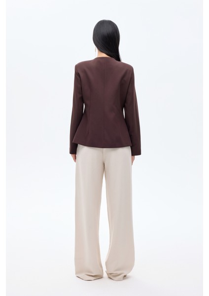 Yuvarlak Yaka Düğmeli Blazer Ceket Koyu Kahve