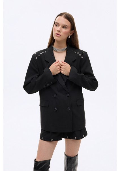 Kuş Gözü Detaylı Çift Düğmeli Oversize Blazer Ceket Siyah fiyatları