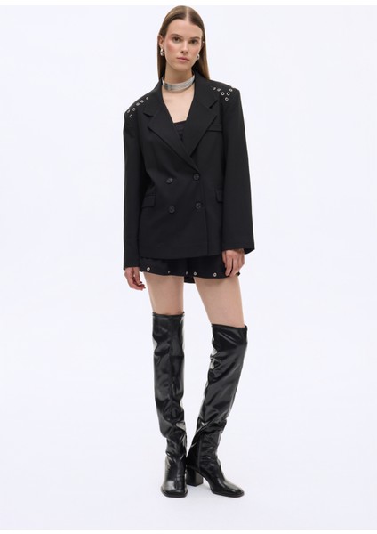 Kuş Gözü Detaylı Çift Düğmeli Oversize Blazer Ceket Siyah fırsatları