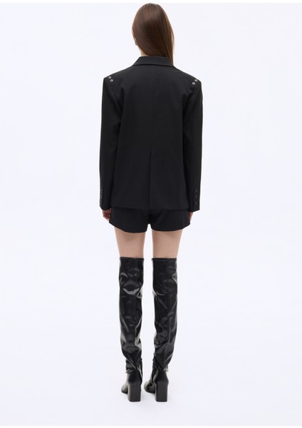 Kuş Gözü Detaylı Çift Düğmeli Oversize Blazer Ceket Siyah