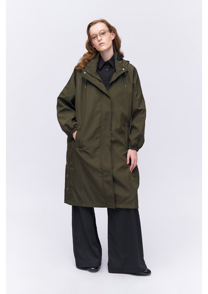 Oversize Kapüşonlu Trençkot Haki