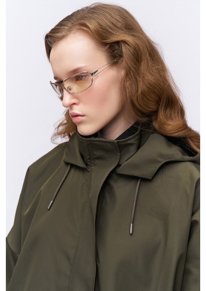 Oversize Kapüşonlu Trençkot Haki