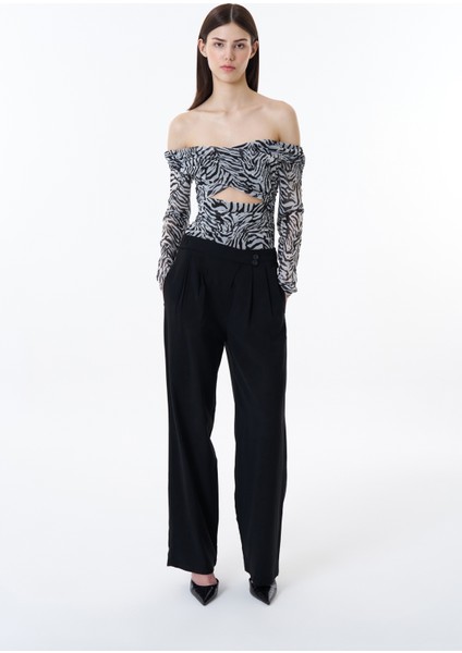 Düğme Bel Detaylı Palazzo Pantolon Siyah