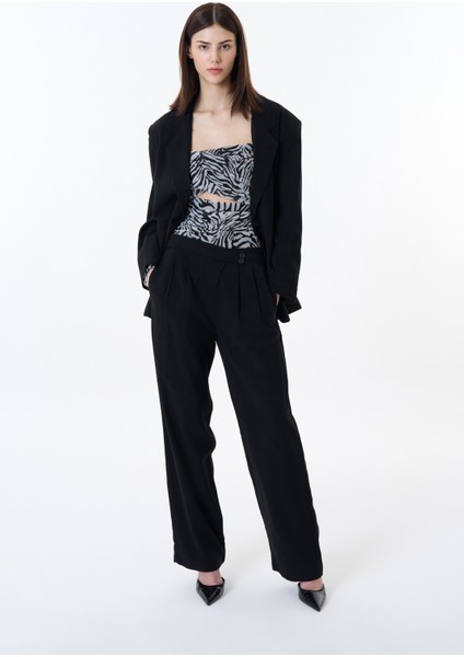 Düğme Bel Detaylı Palazzo Pantolon Siyah