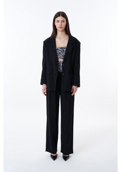 Düğme Bel Detaylı Palazzo Pantolon Siyah