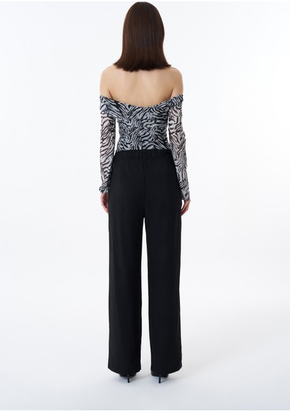 Düğme Bel Detaylı Palazzo Pantolon Siyah