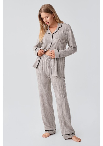 Uzun Kollu Düğmeli Esnek Yumuşak Dokulu Viskoz Pijama Takım 18217 fiyatları
