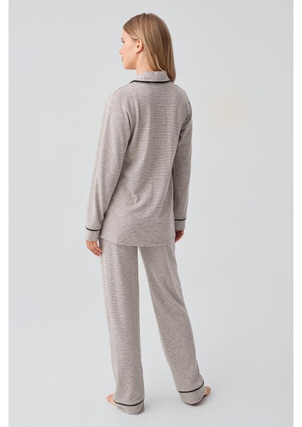 Uzun Kollu Düğmeli Esnek Yumuşak Dokulu Viskoz Pijama Takım 18217 fırsatları