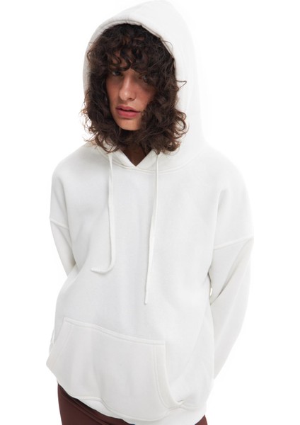 Kapüşonlu Kanguru Cepli Sweatshirt Ekru