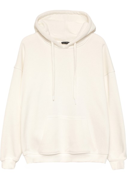 Kapüşonlu Kanguru Cepli Sweatshirt Ekru
