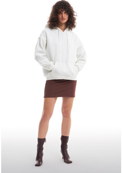 Kapüşonlu Kanguru Cepli Sweatshirt Ekru