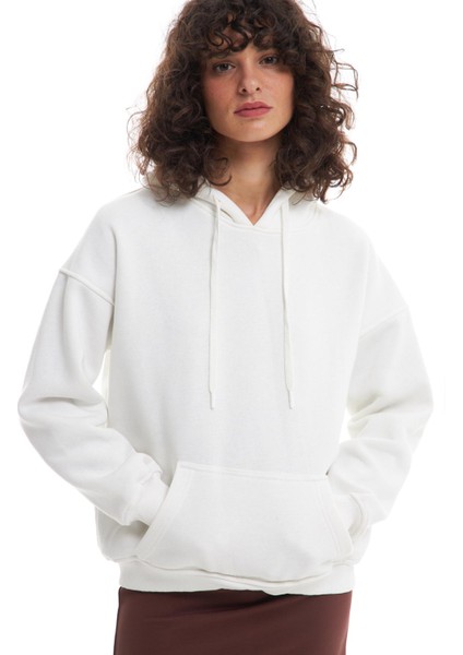 Kapüşonlu Kanguru Cepli Sweatshirt Ekru