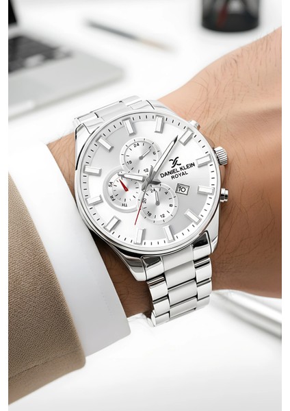 Erkek Kol Saati Takvimli Çelik Kordon Çelik Kasa 3 Atm Su Geçirmez Gümüş-Beyaz zmdk1143