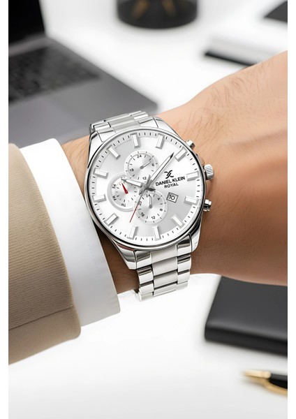 Erkek Kol Saati Takvimli Çelik Kordon Çelik Kasa 3 Atm Su Geçirmez Gümüş-Beyaz zmdk1143