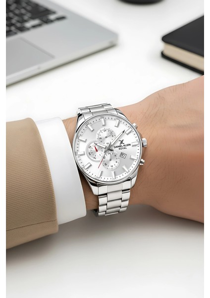 Erkek Kol Saati Takvimli Çelik Kordon Çelik Kasa 3 Atm Su Geçirmez Gümüş-Beyaz zmdk1143