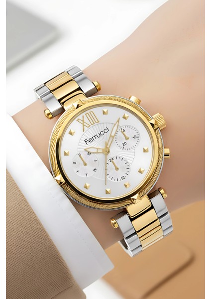 Kadın Kol Saati Çelik Kordon Çelik Kasa Taşlı Bileklik Hediyesi ile Gold-Gümüş ZMFER045