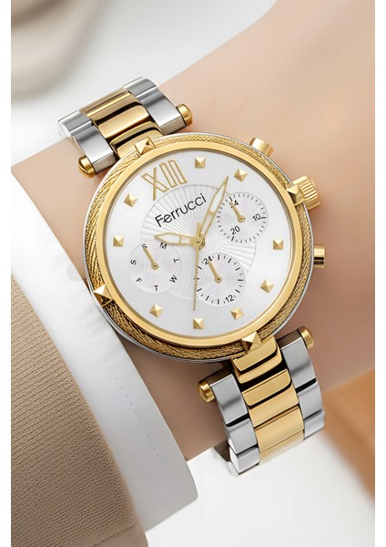 Kadın Kol Saati Çelik Kordon Çelik Kasa Taşlı Bileklik Hediyesi ile Gold-Gümüş ZMFER045