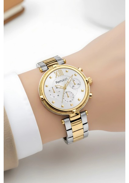 Kadın Kol Saati Çelik Kordon Çelik Kasa Taşlı Bileklik Hediyesi ile Gold-Gümüş ZMFER045