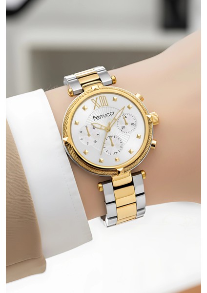 Kadın Kol Saati Çelik Kordon Çelik Kasa Taşlı Bileklik Hediyesi ile Gold-Gümüş ZMFER045