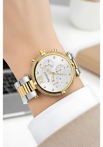 Kadın Kol Saati Çelik Kordon Çelik Kasa Taşlı Bileklik Hediyesi ile Gold-Gümüş ZMFER045