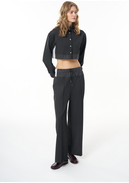 Beli Kumaş Matchli Geniş Paça Pantolon Koyu Gri