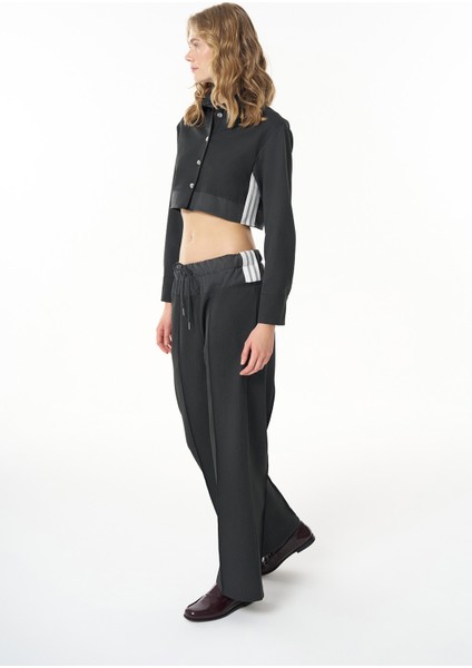 Beli Kumaş Matchli Geniş Paça Pantolon Koyu Gri