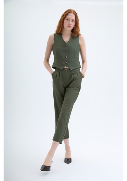 Çift Pileli Jogger Pantolon Haki