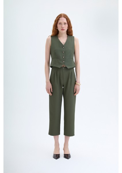 Çift Pileli Jogger Pantolon Haki