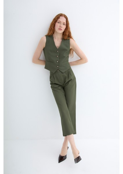 Çift Pileli Jogger Pantolon Haki