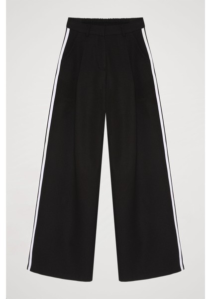 Yanları Çift Şeritli Yüksek Bel Pantolon Siyah