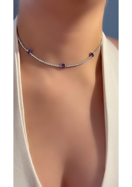 Mor Damla Taşlı Choker Kolye