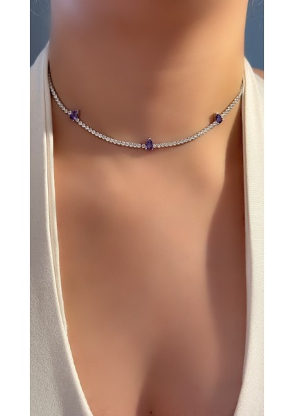 Mor Damla Taşlı Choker Kolye modelleri