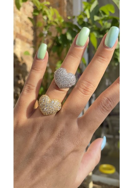 Full Taşlı Bombeli Kalp Yüzük Altın Kaplama 925 Ayar Gümüş Yüzük Farklı Renk Çalışılır