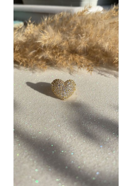 Full Taşlı Bombeli Kalp Yüzük Altın Kaplama 925 Ayar Gümüş Yüzük Farklı Renk Çalışılır modelleri