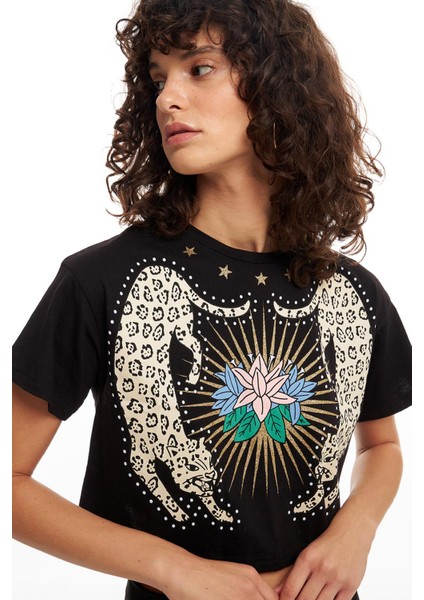 Parlak Baskılı Tişört Siyah