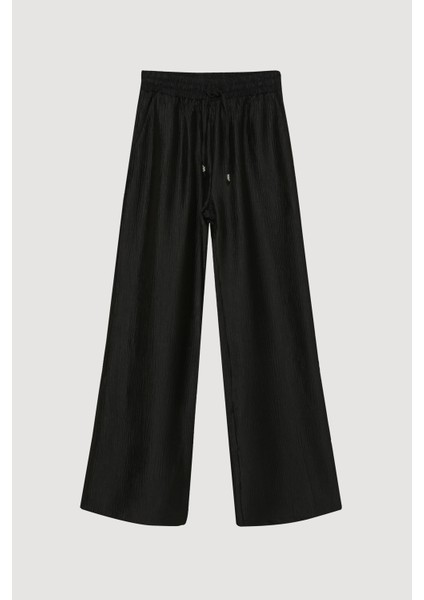 Beli Lastikli Dokulu Bol Pantolon Siyah