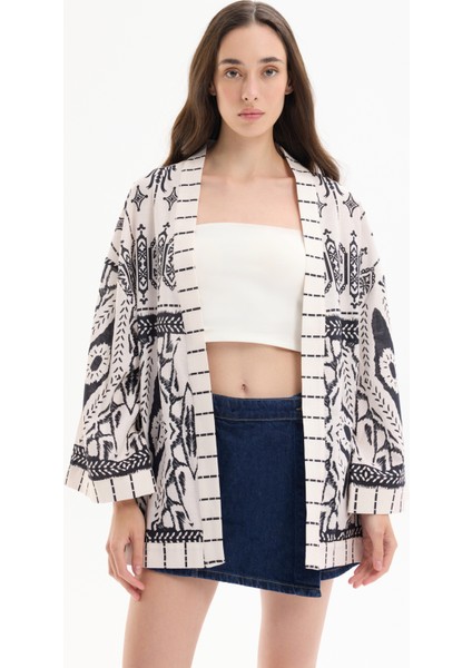 Bohem Desenli Şal Yaka Kısa Kimono Ekru