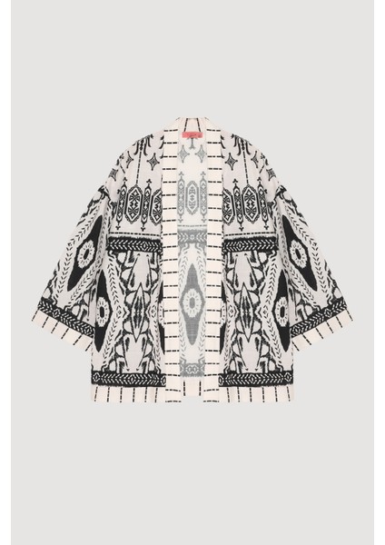 Bohem Desenli Şal Yaka Kısa Kimono Ekru