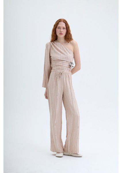 Beli Lastikli Bol Paça Dokulu Pantolon Bej