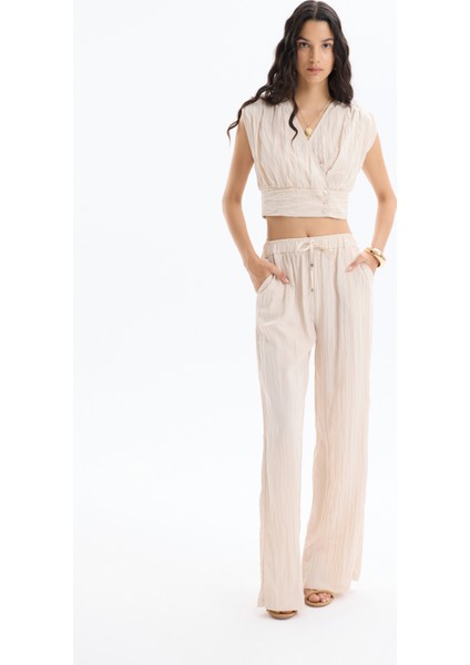 Kırışık Görünümlü Beli Lastikli Pantolon Bej