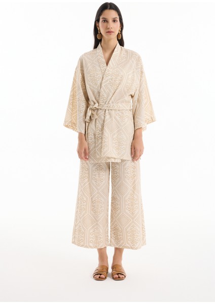 Etnik Desenli Bağlamalı Kısa Kimono Naturel