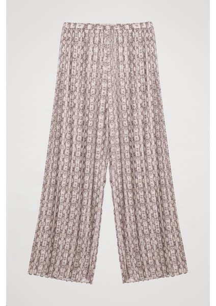 Piliseli Desenli Yüksek Bel Pantolon Bej