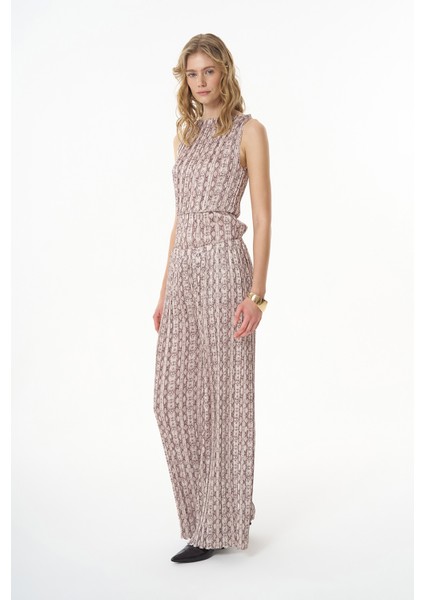 Piliseli Desenli Yüksek Bel Pantolon Bej