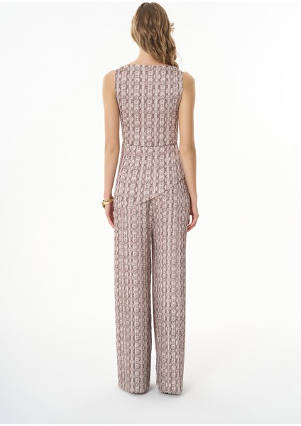 Piliseli Desenli Yüksek Bel Pantolon Bej