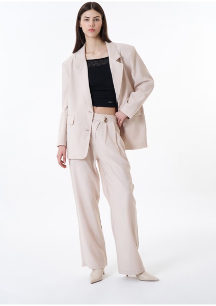 Düğme Bel Detaylı Palazzo Pantolon Taş