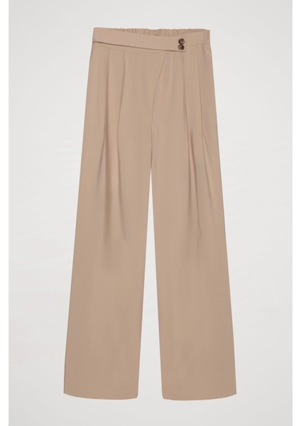 Düğme Bel Detaylı Palazzo Pantolon Taş