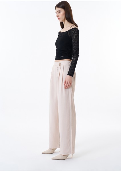 Düğme Bel Detaylı Palazzo Pantolon Taş