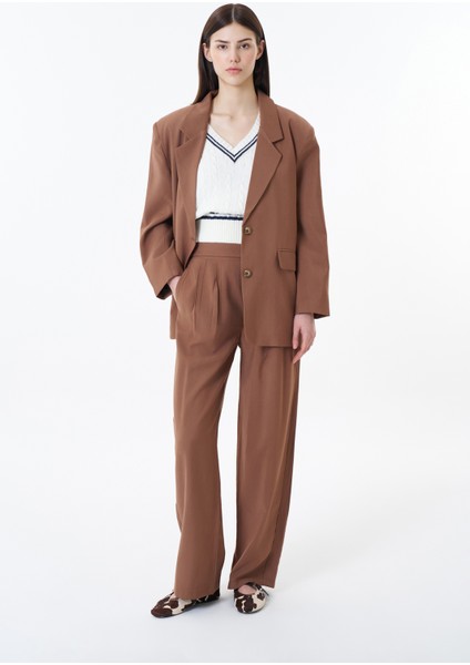 Düğme Bel Detaylı Palazzo Pantolon Kahverengi