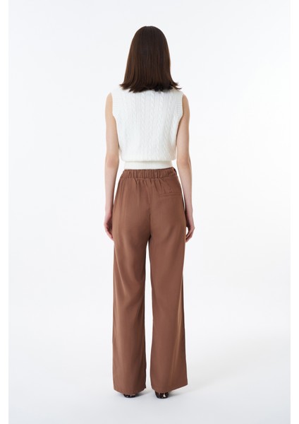 Düğme Bel Detaylı Palazzo Pantolon Kahverengi